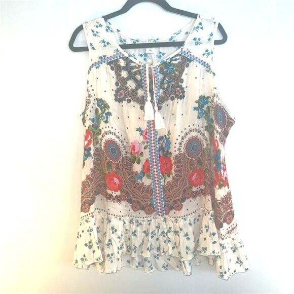 Bila Women's XXL Floral Embroidered V-Neck Sleeveless Boho Tank Top - Picture 1 of 7